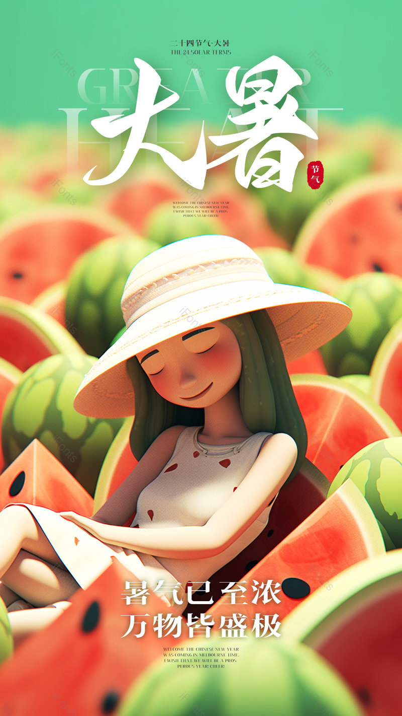 卡通女孩西瓜水果夏日大暑节气海报,设计模板,设计模板大全,设计模板下载